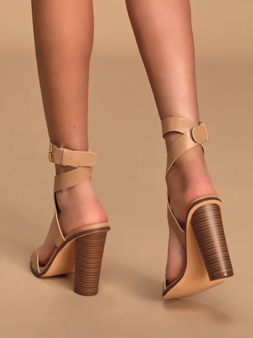 Lulu's Nude Tan Wrap-Ankle Block Heel Sandals - Picture 4 of 7